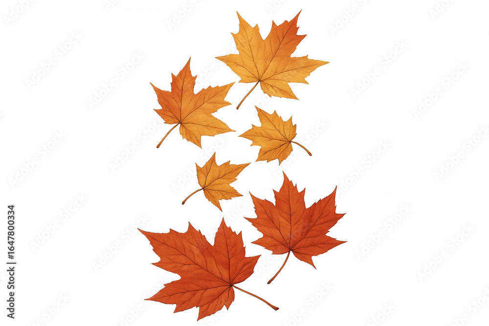 Fototapeta premium Six falling maple leaves in autumn colors on a transparent background, perfect for seasonal designs
