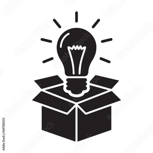 Silhouette icon of a lit light bulb rising from an open box, with radiating lines around the bulb to indicate illumination.