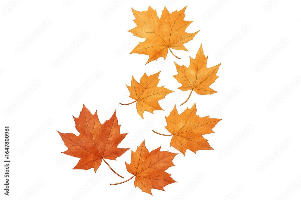 Fototapeta premium Six orange maple leaves falling down on a transparent background, perfect for autumn-themed designs