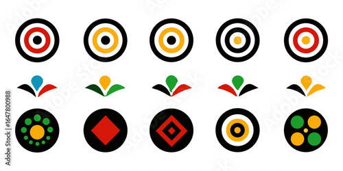 Collection of abstract target symbols isolated on white background, featuring geometric designs with circles and floral elements for modern graphic elements and decorative ornaments
