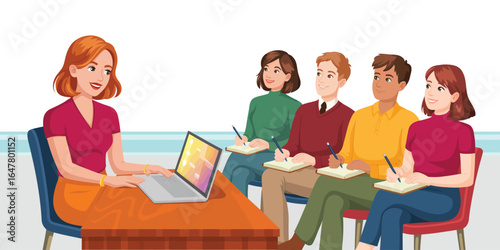 Collaborative learning scene with instructor using laptop and four students taking notes, seated in classroom or seminar-style setting