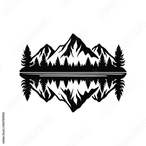 Mountain Range Reflected in Lake Waters Surrounded by Trees Silhouette Vector