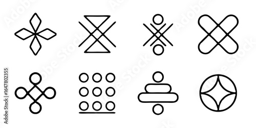 Collection of eight minimalist geometric symbols isolated on white background, featuring abstract shapes and line art for logo design, tattoo inspiration, and decorative element creation