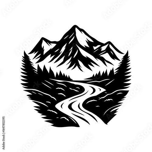 Black and white vector illustration of mountains river and pine trees