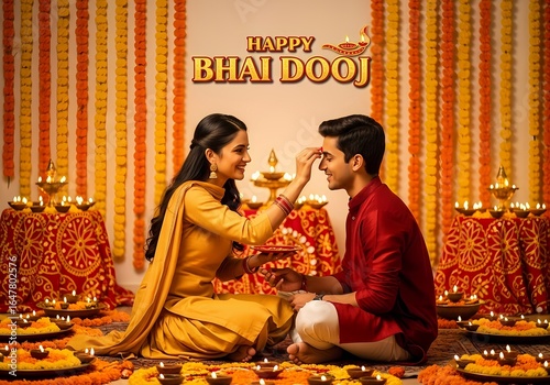 Celebration of Bhai Dooj with sibling rituals, traditional decor, and vibrant festive atmosphere for greeting card design