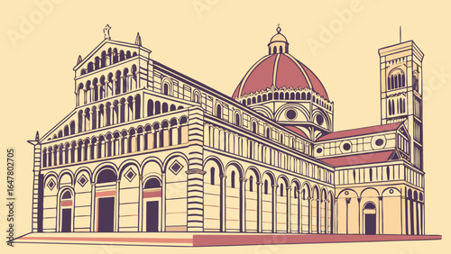 Illustration of the pisa cathedral with a dome and tower on a light yellow background in vector art
