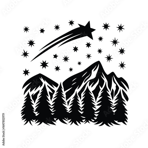 A celestial mountain landscape under a canopy of stars and a shooting star