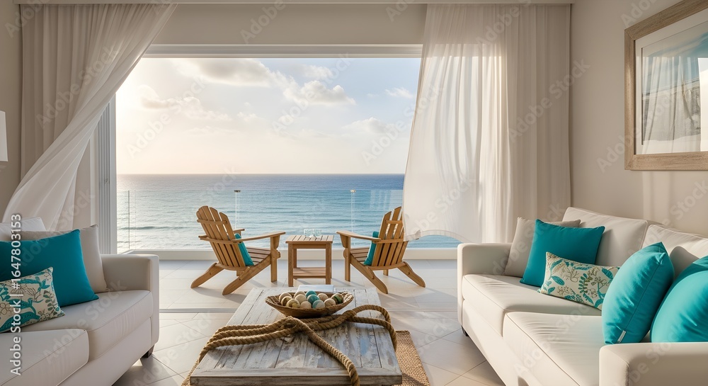 Obraz premium coastal chic suite with turquoise accent pillows, rope lighting, airy white curtains, oceanfront terrace