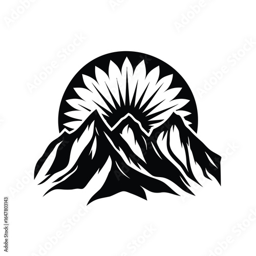 Mountain range and sun minimalist illustration logo vector with black style
