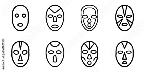 Collection of eight line art african masks isolated on white background, showcasing cultural heritage, traditional art, and symbolic designs for decoration and creative projects