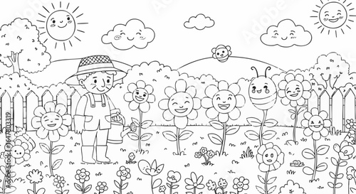 Black and white coloring page featuring a cheerful gardener watering cute, smiling flowers in a sunny spring garden.