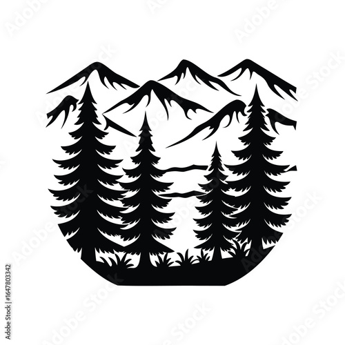 Black and white vector image of mountains and pine trees landscape