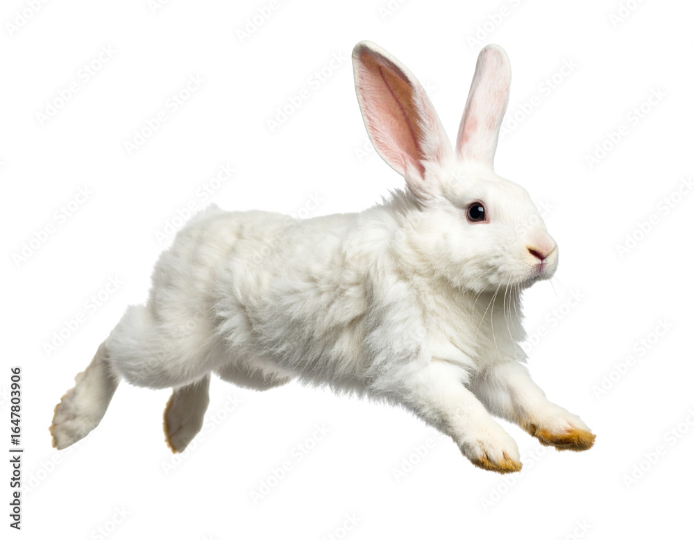 Obraz premium White Bunny Jumping with Spread Ears and Curved Body, Side-Front View, isolated