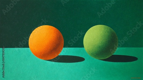 Spheres, orange and green, cast shadows on a teal surface against a dark teal backdrop, for design
