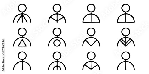 Collection of simple stick figure icons isolated on white background representing various poses and activities, perfect for user interface design, infographics, and minimalist presentations