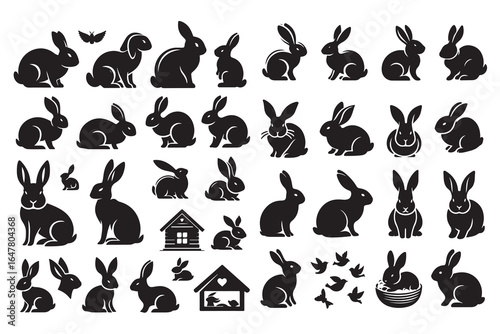 A collection of black silhouette vector rabbits and other animals for your Easter design