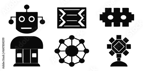 Collection of futuristic robot and technology icons isolated on white background, perfect for science fiction themes, user interface design, and innovative technology presentations