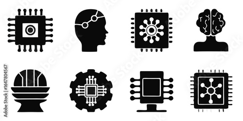 Set of black and white icons representing artificial intelligence, featuring brain, chip, computer, and robot symbols, isolated on white background, conveying technology and automation concepts