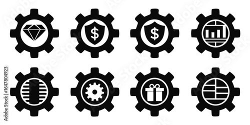 Collection of black and white gear icons isolated on white background diamond, shield with dollar sign, chart, chip, gift box, cogwheel, representing various concepts in business and technology