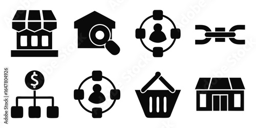 Collection of black and white business icons isolated on white background representing various aspects of commerce, networking, and retail for design and decoration purposes