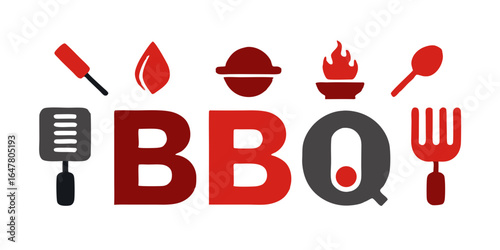 This is a logo that spells out "BBQ" using stylized block letters. The letters "B" and "B" are red, while the "Q" is dark grey. Surrounding the letters are various barbecue-themed icons, including a s