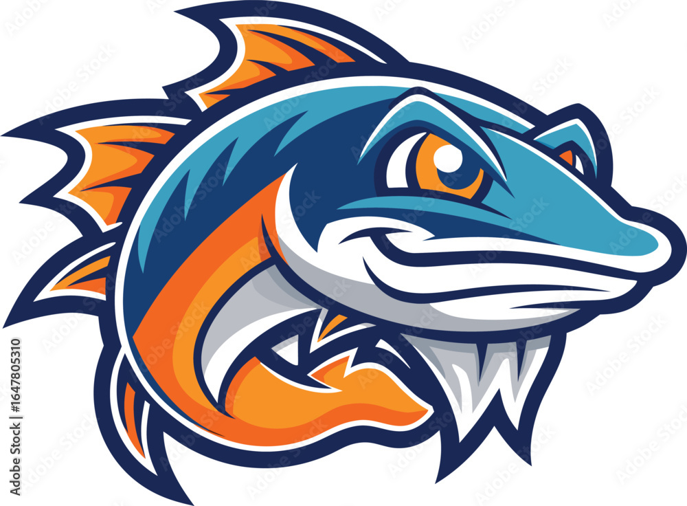 Fototapeta premium Aggressive blue and orange fish mascot with sharp teeth