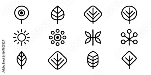 Collection of minimal leaf and nature icons isolated on white background, perfect for ecofriendly designs, botanical projects, and organic themes, offering a variety of simple and elegant shapes