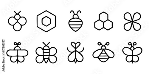 Collection of minimalist bee and honeycomb icons isolated on white background a set of simple and elegant designs featuring bees and honeycombs, perfect for adding a touch of nature to your projects