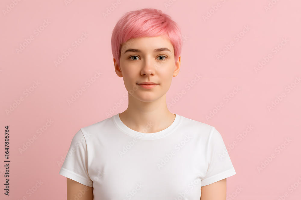 Portrait of woman with pink hair short pixie cut hairstyle beauty shot Portrait of woman with pink hair short pixie cut hairstyle beauty shot