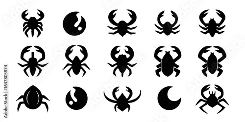 Collection of black scorpion silhouette icons isolated on white background representing wildlife, arachnids, and toxic creatures, perfect for graphic design and symbolism in various projects