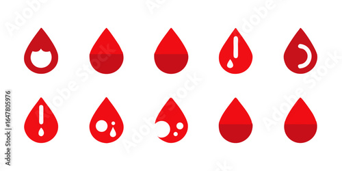 Collection of red blood drop icons isolated on white background symbolizing health, medical donations, and potential danger, ideal for use in healthcare and emergencyrelated projects