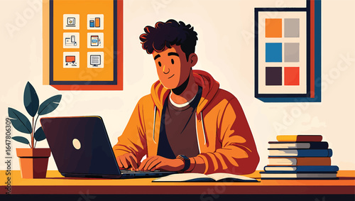 Young man in hoodie working on laptop at home office desk, e-learning concept flat vector illustration