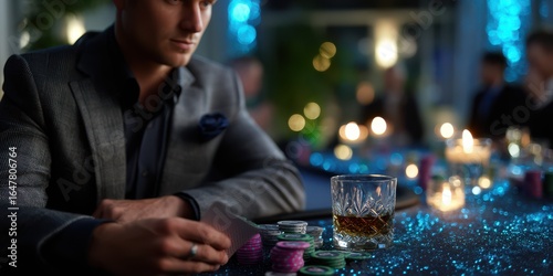 Elegant poker game at a stylish casino bar with players and drinks during an evening gathering