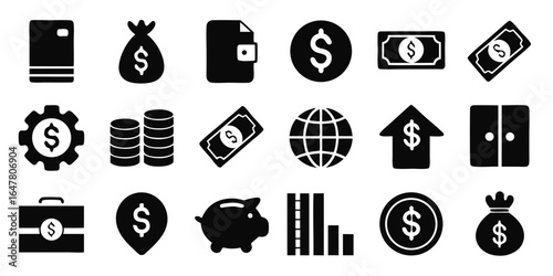 Finance and money icons set isolated on white background a comprehensive collection of dollar signs, coins, wallets, and banking symbols representing investment, economy, and financial concepts