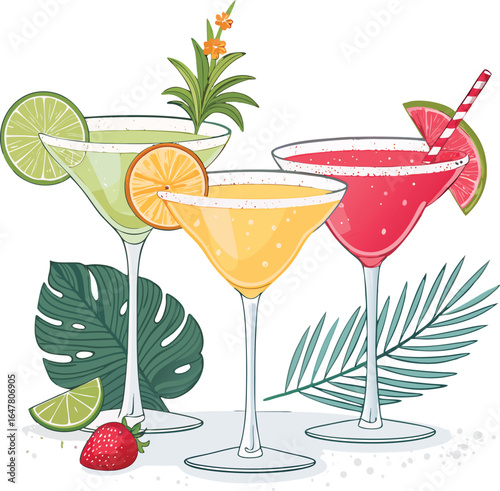 Bright exotic cocktails in martini glasses, flat fill, white background.