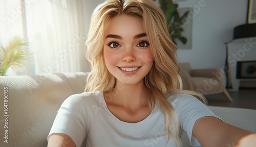 Stylish Blonde Woman In Her 20s Smiling And Taking Selfie In Living Room, Wearing White T-Shirt: Close-Up Image. Free Download Stylish Blonde Woman In Her 20s Smiling And Taking Selfie In Living Room, Wearing White T-Shirt: Close-Up Image. - GFXLoad