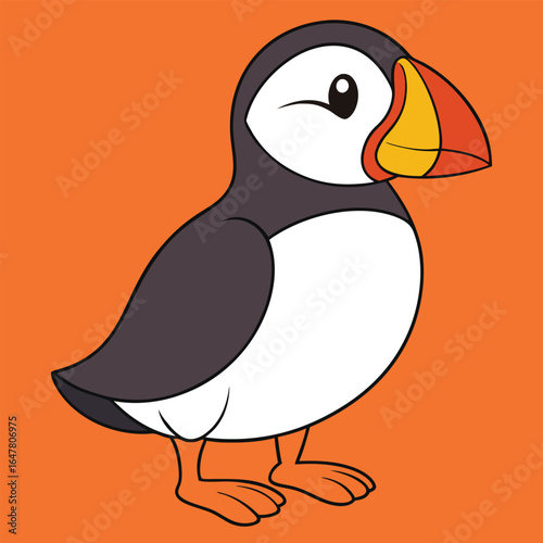 Cute cartoon puffin bird with colorful beak on orange background