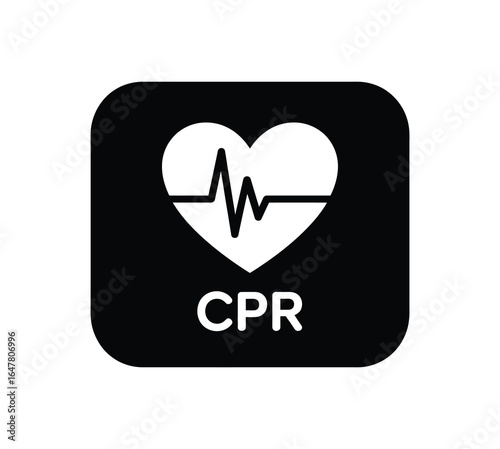 CPR symbol illustration with white heart and black ECG line on black rounded square background, “CPR” text below for emergency awareness