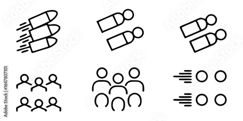 Simple black and white line art icons depicting bullets in motion, groups of people, and figures in formation isolated on white background, suitable for various design purposes