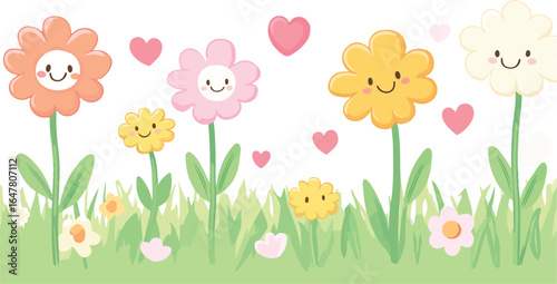 Charming cartoon flowers with smiling faces and hearts blooming in a vibrant spring meadow