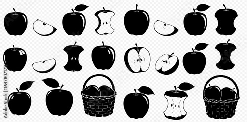 A set of black apple icons showing whole fruits, slices, eaten cores, and baskets of apples.