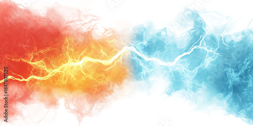 Red and blue lightning clash, representing a powerful energy collision isolated on transparent background