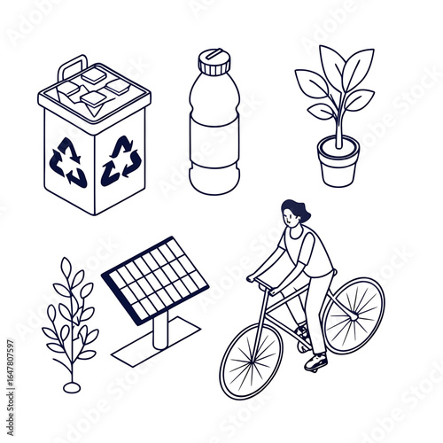 A set of isometric line-art illustrations focused on environmentalism and sustainability. The collection features a recycling bin, a plastic bottle, a potted plant, a solar panel, and a person riding 