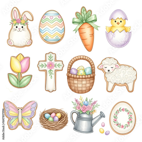Cute Easter Holiday Elements Collection Featuring Animals and Spring Flowers