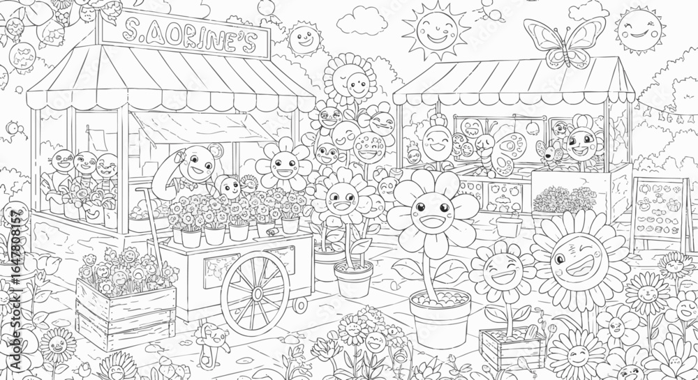 Fototapeta premium Whimsical Flower Market Coloring Page A Fun and Relaxing Adult Coloring Book