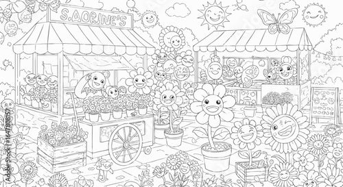 Whimsical Flower Market Coloring Page A Fun and Relaxing Adult Coloring Book