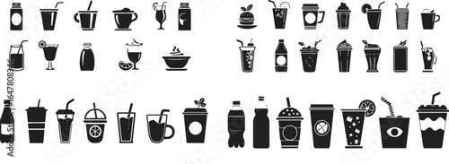 a set of black and white icons for energy drinks, tea cups, milkshakes, water bottles, lemonade glasses, Instagram stories, vector graphics, flat design, white background.eps