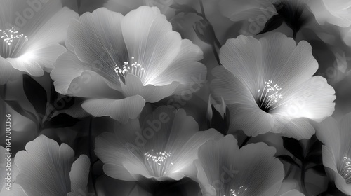 Stunning black and white floral design. Large luminous blooms with detailed petals
