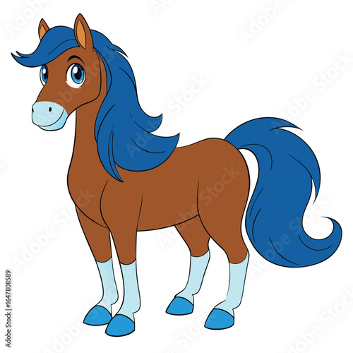 Cute cartoon brown horse with blue mane isolated on white background