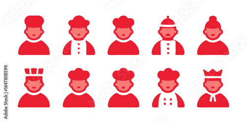Collection of red chef icons isolated on white background displaying various styles of chef hats and uniforms, ideal for representing culinary professionals and expertise